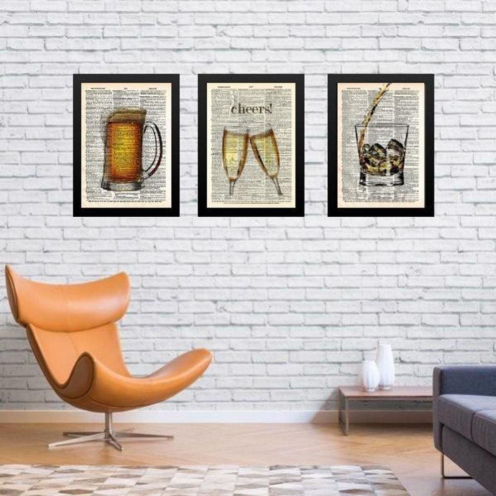 Kit 3 Quadros Vintage Bar Bebida  33X24Cm - Com Vidro