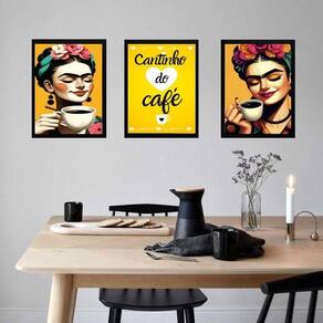 Kit 3 Quadros Cozinha Cantinho Do Café Frida 24X18Cm - Com Vidro