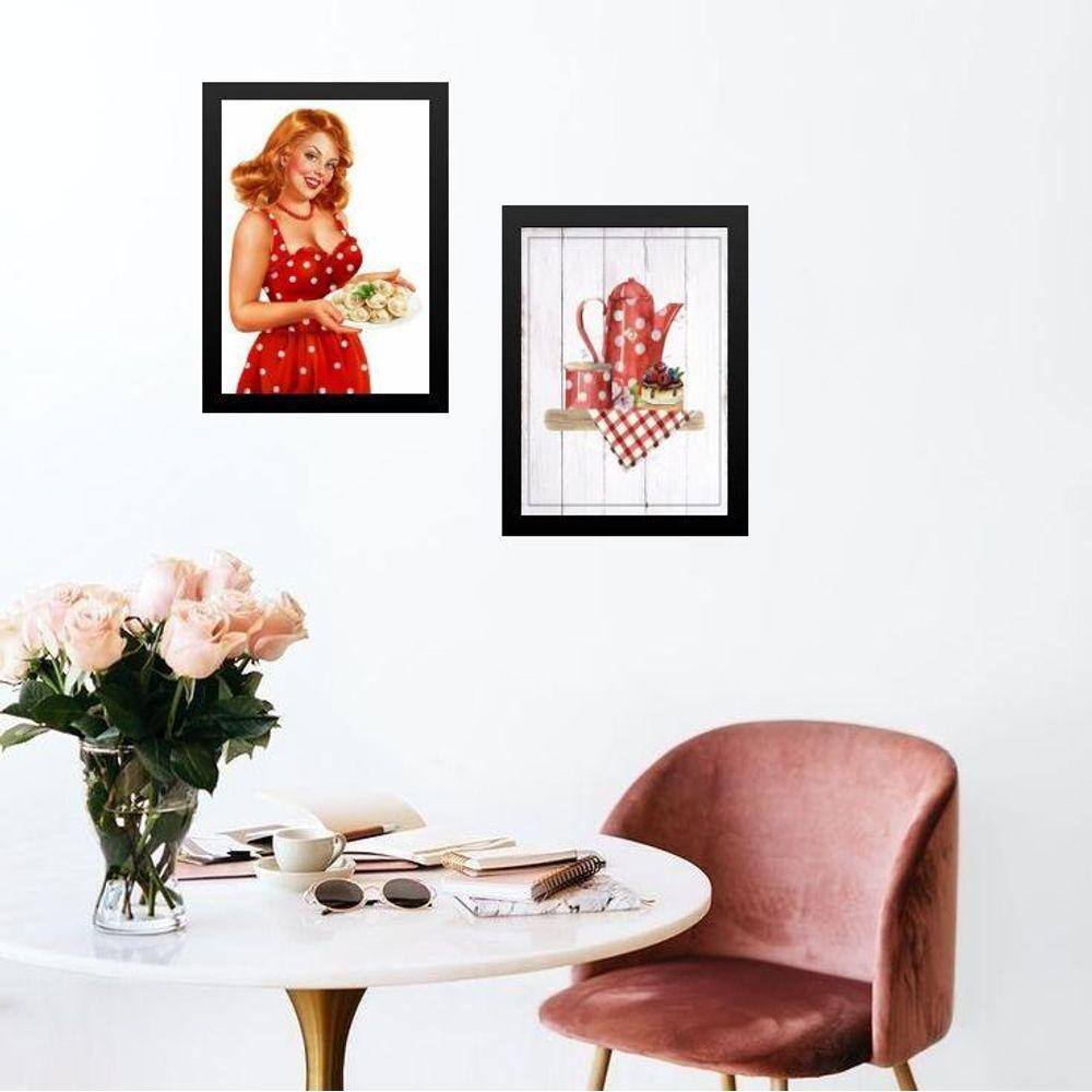 Kit 2 Quadros Cozinha Retrô Pin Up Vermelha 33X24Cm - Vidro