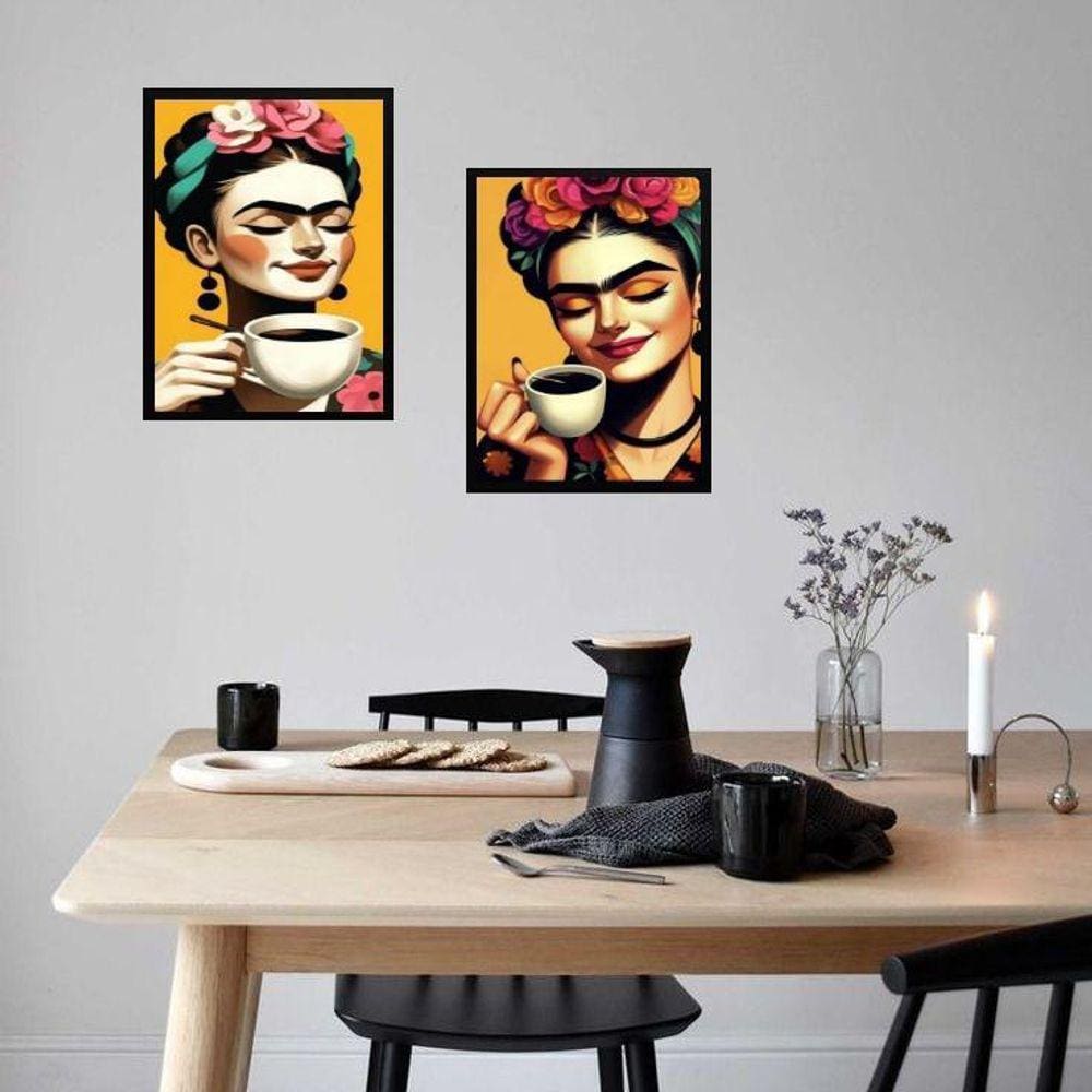 Kit 2 Quadros Cozinha Cantinho Do Café Frida 33X24Cm - Vidro