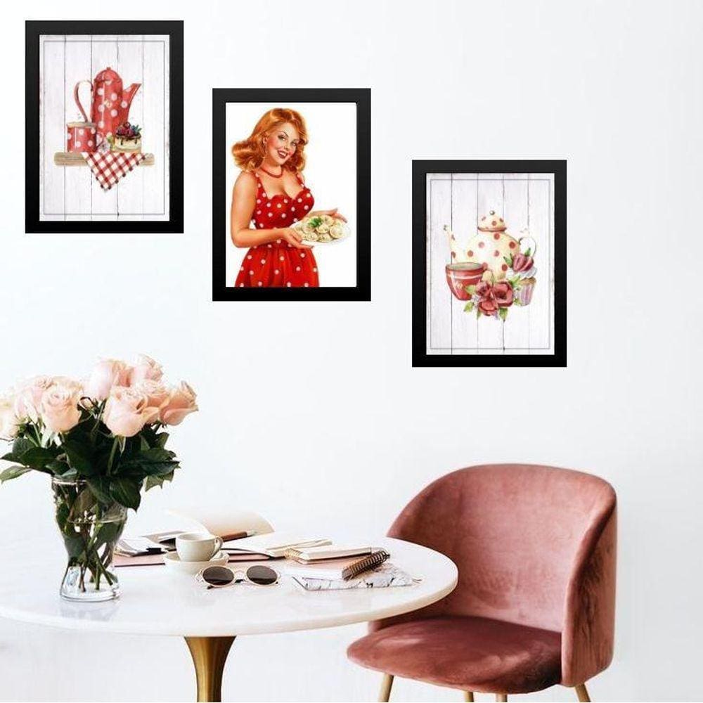 Kit 3 Quadros Cozinha Vermelha Pin Up Poá 33X24Cm