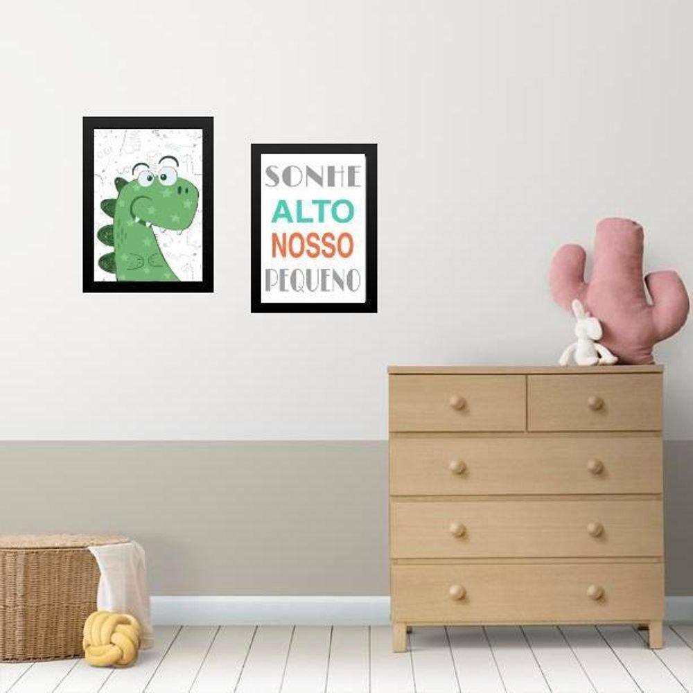 Kit 2 Quadros Infantis Sonhe Alto - Dinossauro 33X24Cm - Com Vidro