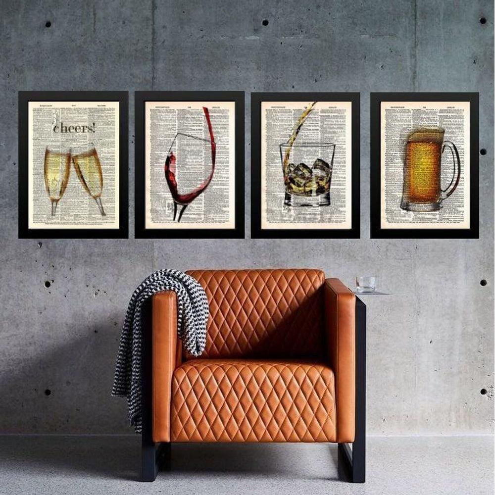 Kit Composição 4 Quadros Vintage Bar - Bebidas 45X34Cm Vidro