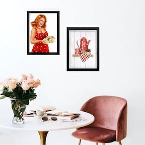 Kit 2 Quadros Cozinha Retrô Pin Up Vermelha 24X18Cm - Vidro