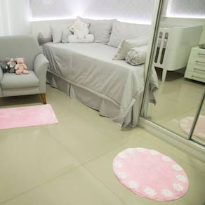 Tapete De Banheiro Quarto Kids Infantil Bebê Algodão Redondo Vizapi Flower 60cm Rosa Claro Branco