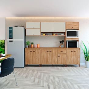 Cozinha Completa 253Cm com Puxador Concha cor Mel/Off White Torino Móvel Bento