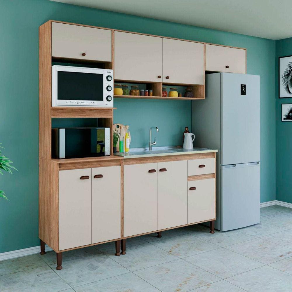 Armário de Cozinha Modulada Completo 253cm com Puxador Concha 1 Gaveta  Mel Off White Móvel Bento