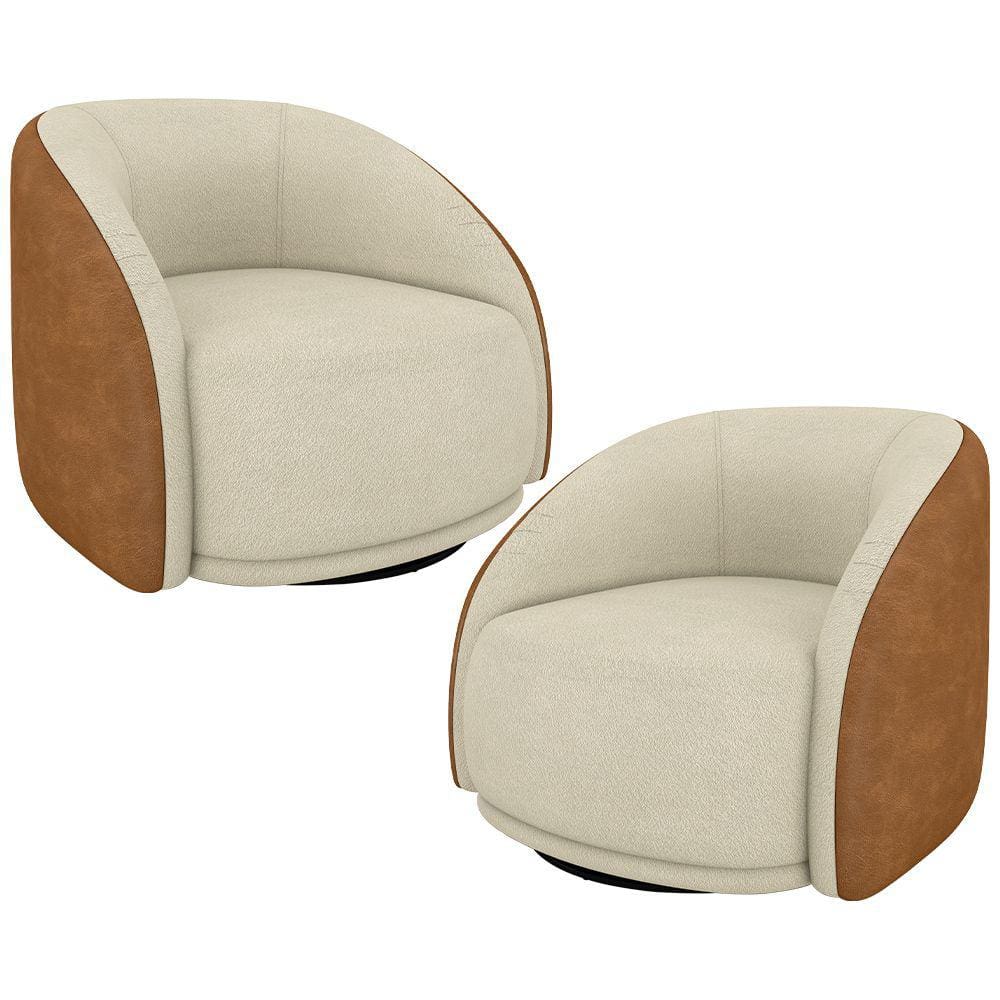 Kit 02 Poltronas Decorativa Giratória Angelina M03 Bouclê Bege Couríssimo Whisky - Lyam Decor