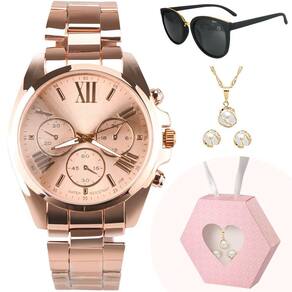 Oculos + relogio dourado prova dagua banhado + colar brinco + caixa aço inoxidável social