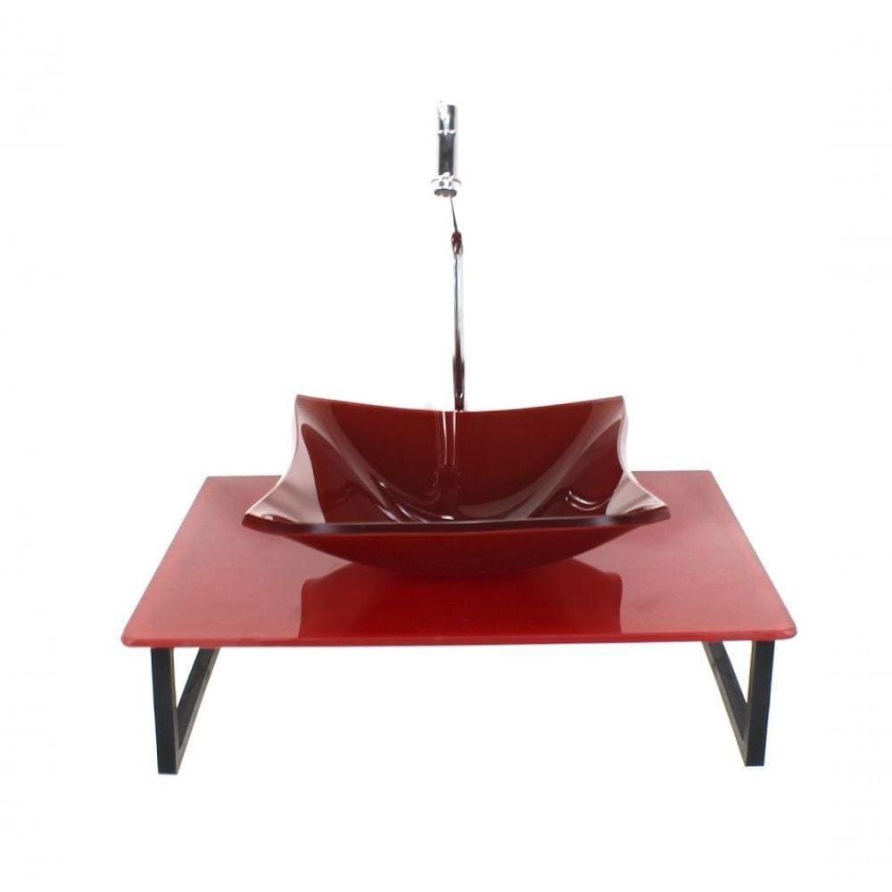 Kit Cuba De Vidro Quadrada 10mm Com Tampo 50cm Vermelho Cereja Full E Suporte Preto
