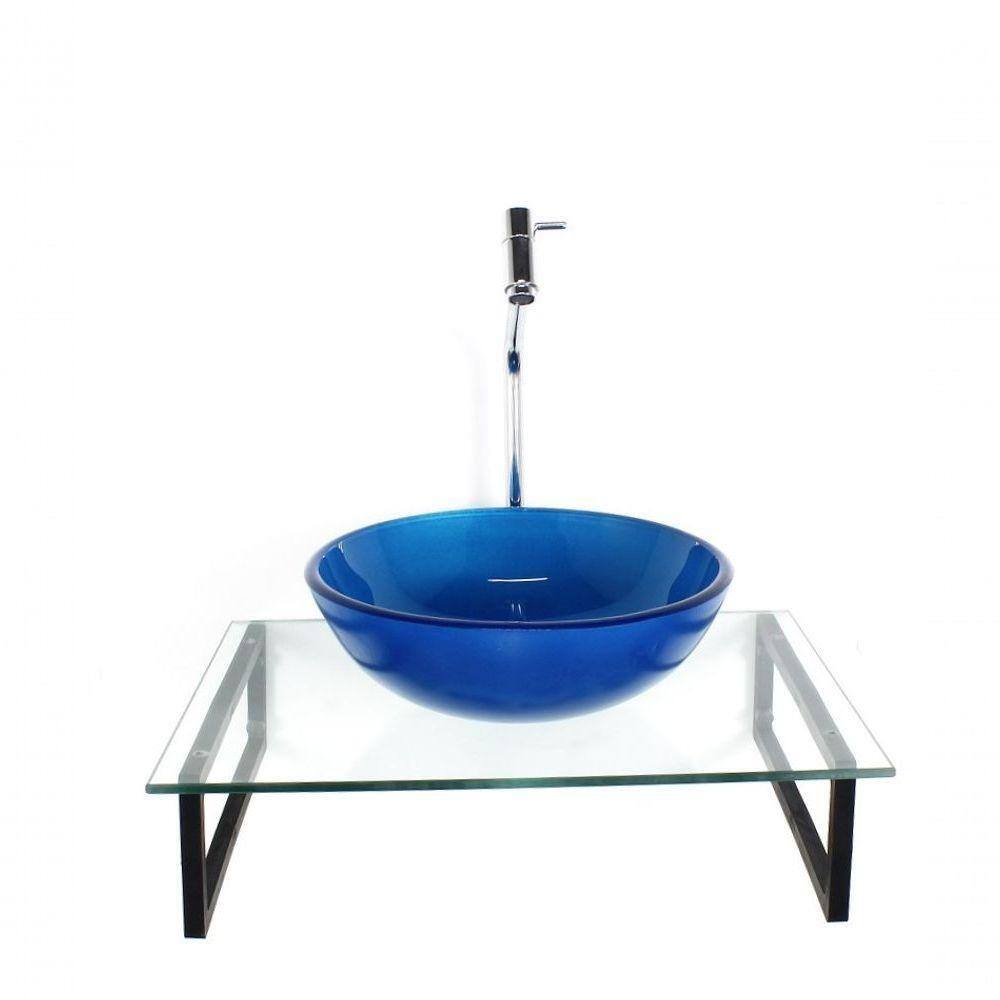 Kit Cuba De Vidro Redonda 10mm Azul Escuro Com Tampo 50cm Incolor E Suporte Preto