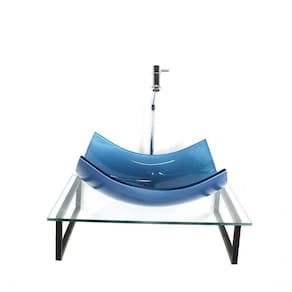 Kit Cuba De Vidro Retangular 10mm Azul Com Tampo 50cm Incolor E Suporte Preto