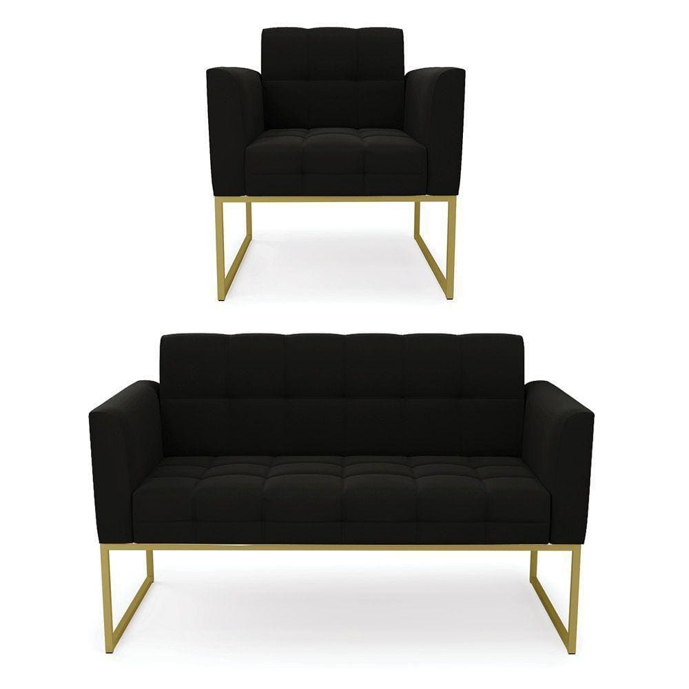 Kit 1 Sofá Namoradeira E 1 Poltrona Suede Base Metálica Industrial Dourado - D\`rossi Cor Preto