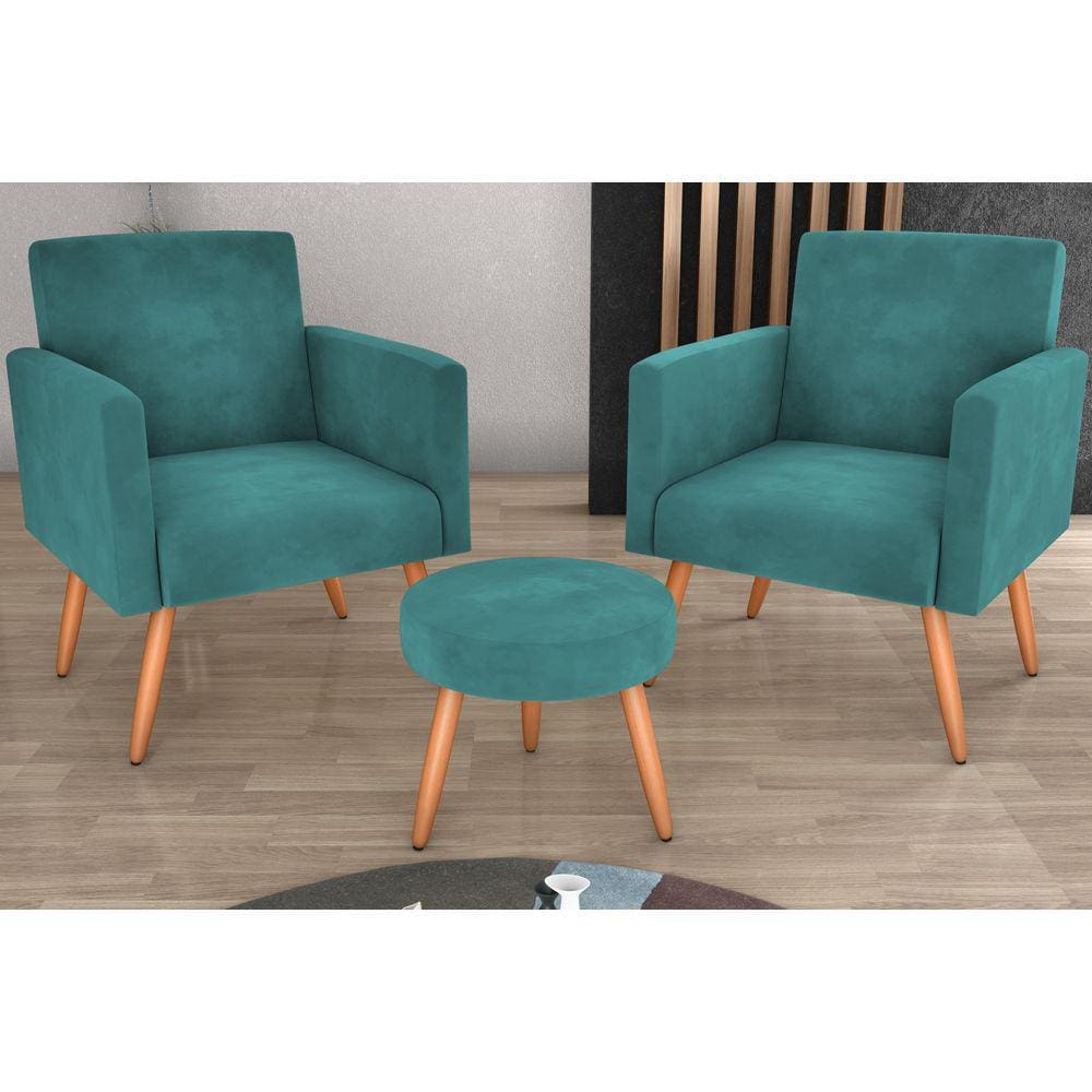 Kit 2 Poltronas + Puff Dallas Veludo Verde Menta E437 - Matrix