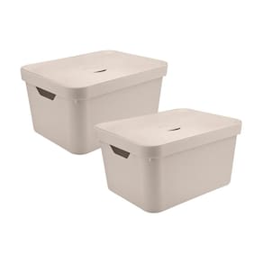 Kit 2 Caixa Organizadora Cube 32 Litros Com Tampa 46 x 36 x 24,5cm Bege - Ou