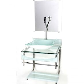 Gabinete De Vidro 40cm Inox Cuba Quadrada Com Torneira