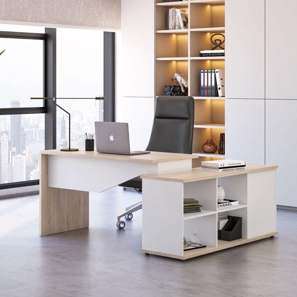 Mesa para Escritório Diretor em L 3 Gavetas Rolig Branco/ Carvalho Berlin
