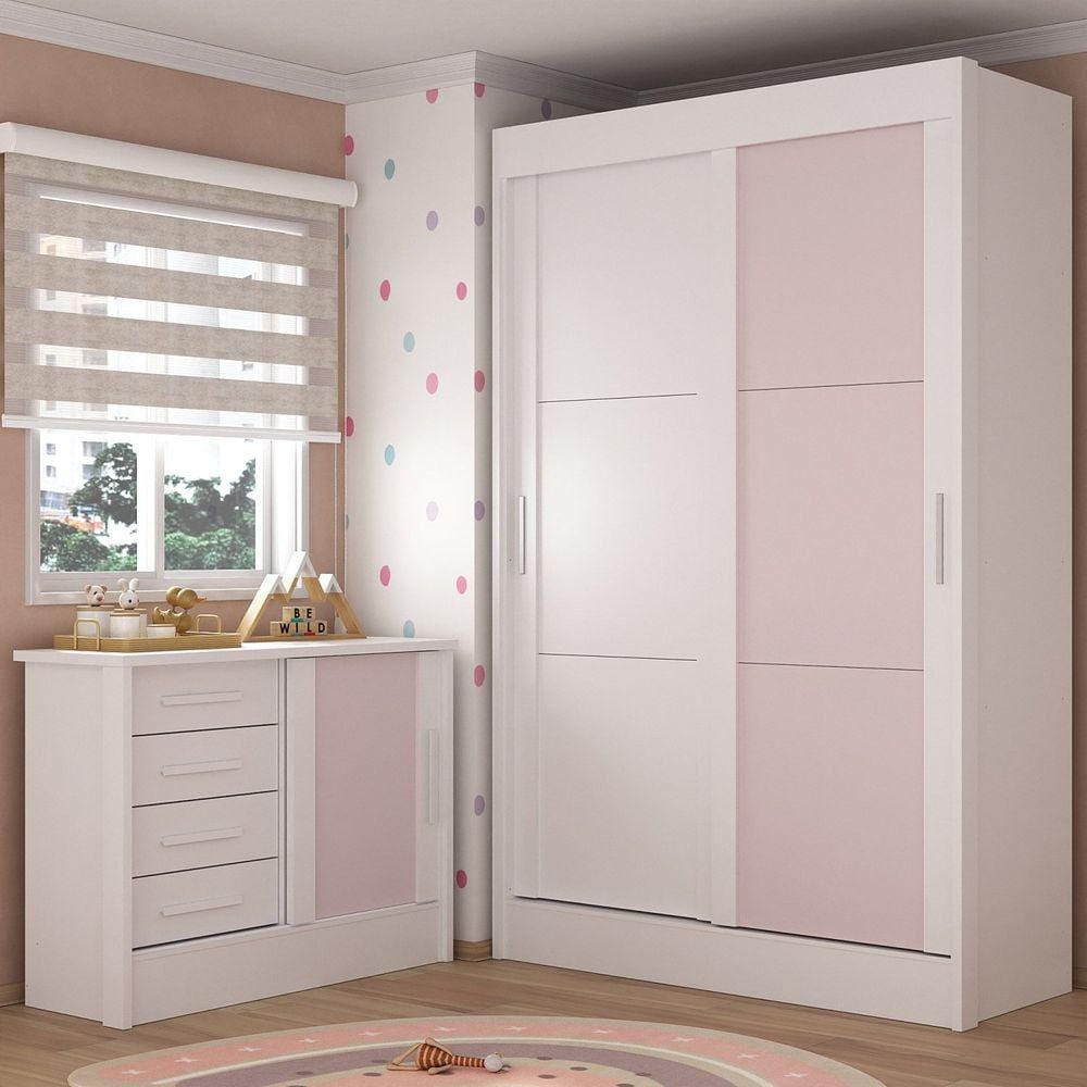 Quarto Infantil Completo Guarda-Roupa 2 Portas 2 Gavetas Com Cômoda Maya Espresso Móveis Branco/Rosa