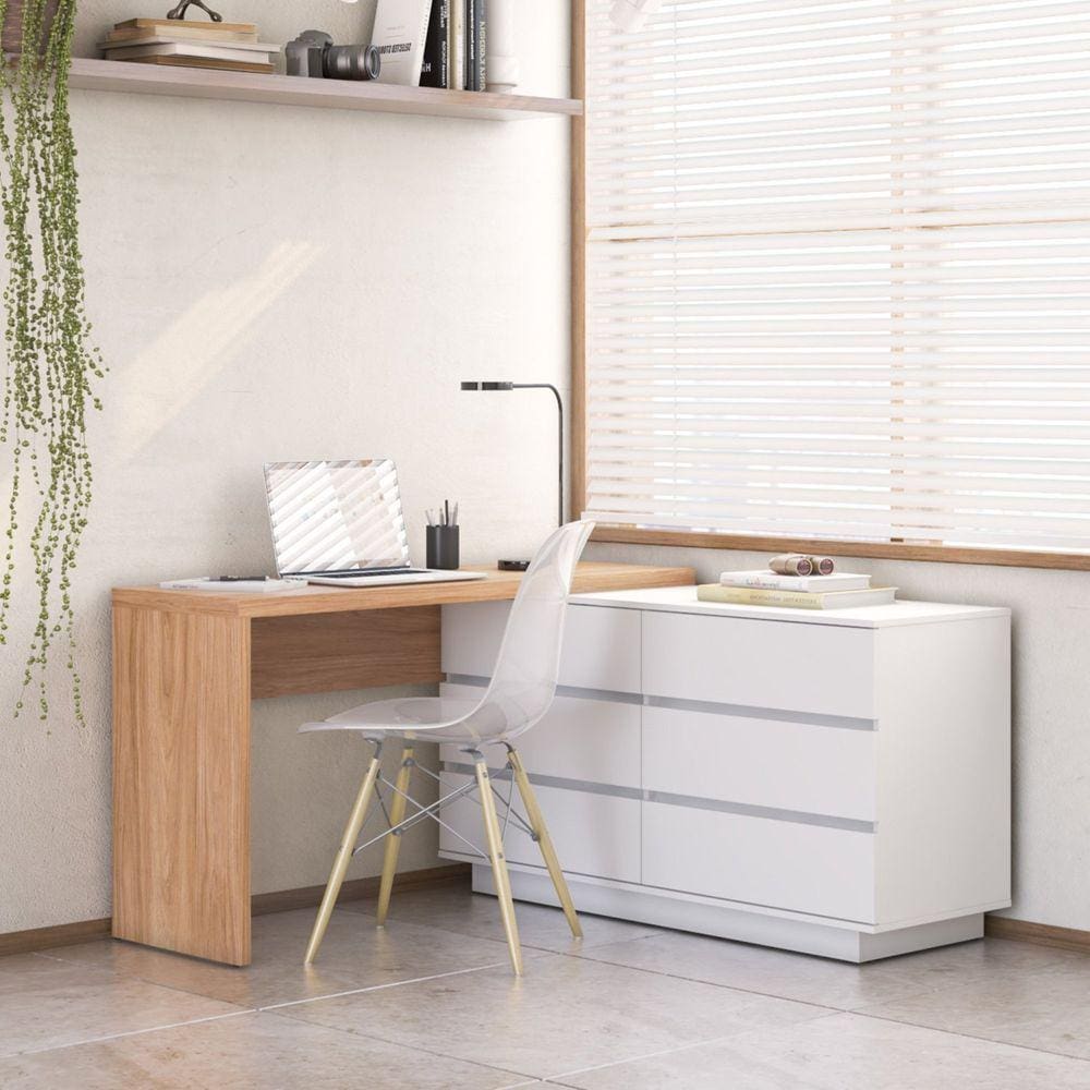 Mesa para Escritório Diretor em L 6 Gavetas Oring Yescasa Branco/ Itapuã