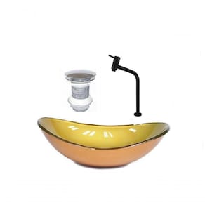 Cuba de Vidro Oval 55cm Dourado + Valvula + Torneira Preta