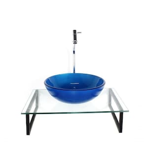 Kit Cuba De Vidro Redonda 10mm Azul Escuto Tampo 50cm Incolor Com Suporte Torneira Valvula