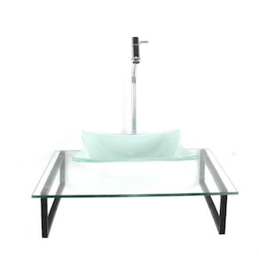 Kit Cuba De Vidro Quadrada 10mm Branca Tampo 50cm Incolor Com Suporte Torneira Valvula