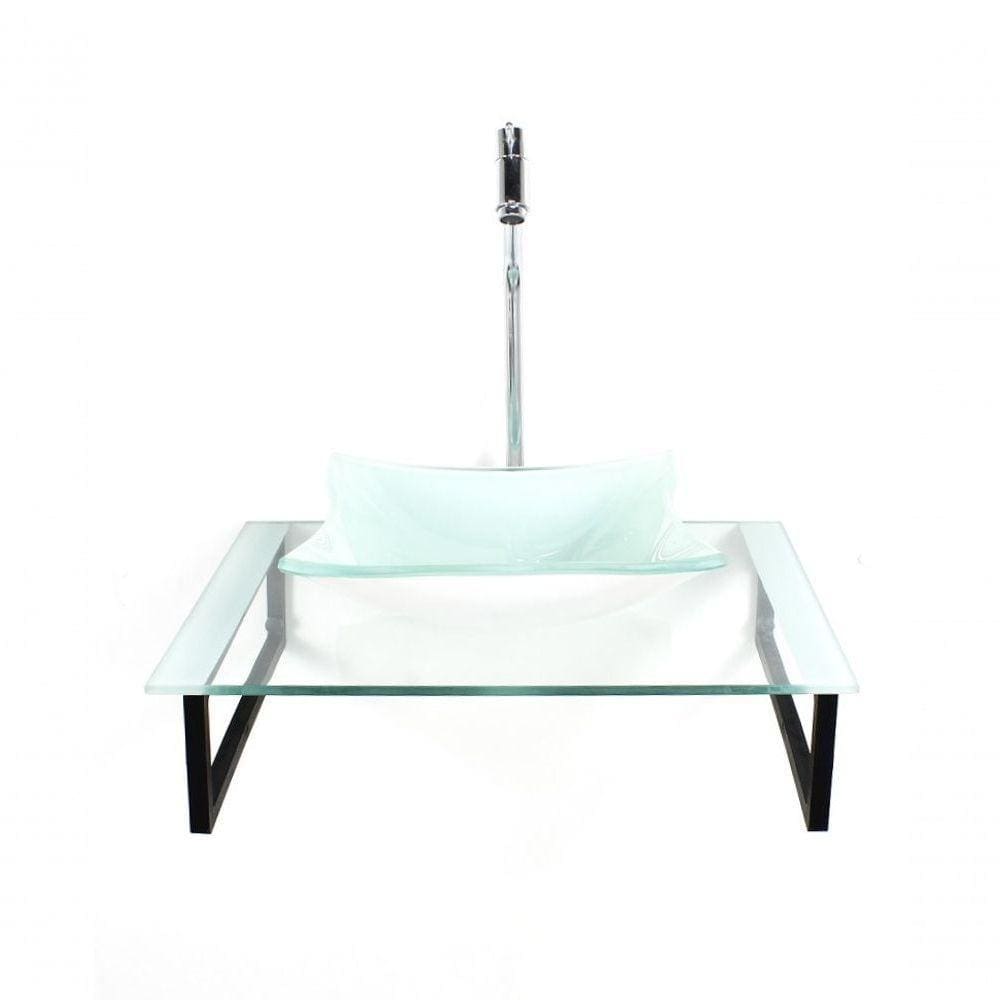 Kit Cuba De Vidro Quadrada 10mm Com Tampo 50cm Branco E Suporte Preto
