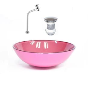 Cuba de Vidro Redonda 42cm Rosa + Valvula + Torneira Cromada