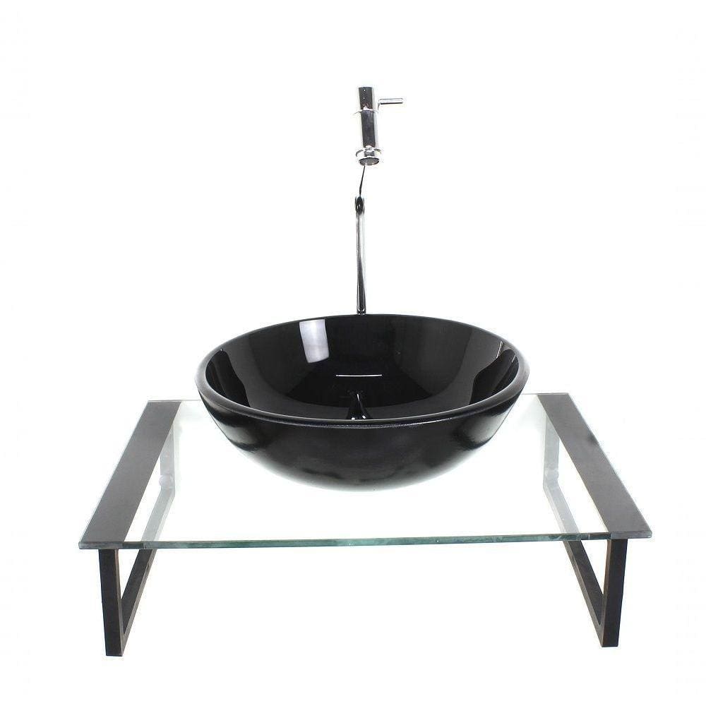 Kit Cuba De Vidro Redonda 10mm Com Tampo 50cm Preto E Suporte Preto