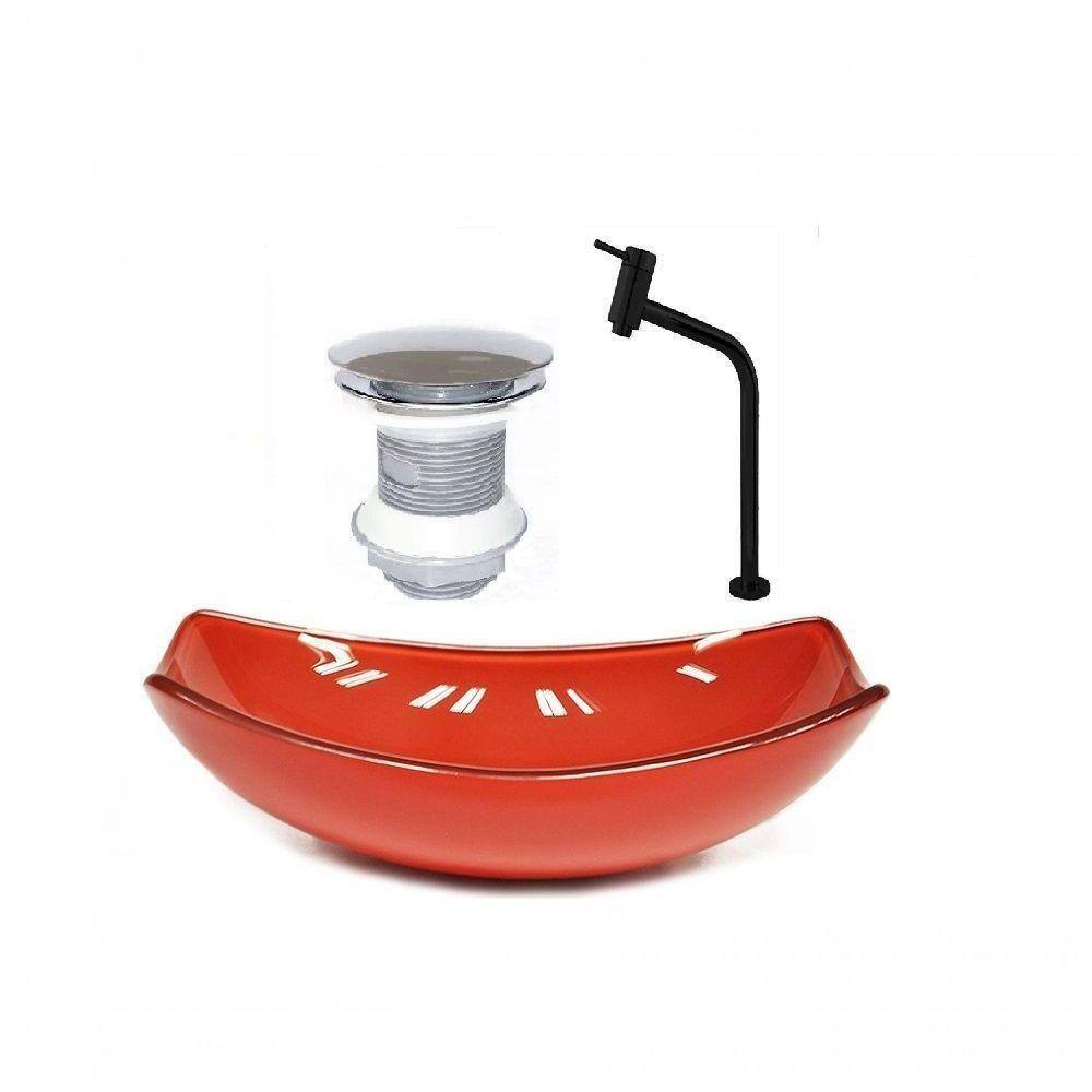 Cuba de Vidro 46cm Vermelho + Valvula + Torneira Metal Preta