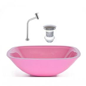 Cuba de Vidro Quadrada 35cm Rosa + Valvula + Torneira Metal