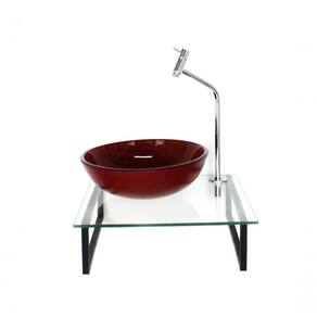 Kit Cuba De Vidro Redonda 10mm Vermelho Cereja Tampo 40cm Incolor Com Suporte Torneira Valvula