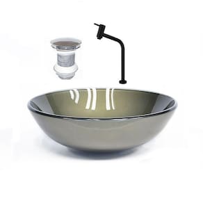 Cuba de Vidro Redonda 31cm Ouro + Valvula + Torneira Preta