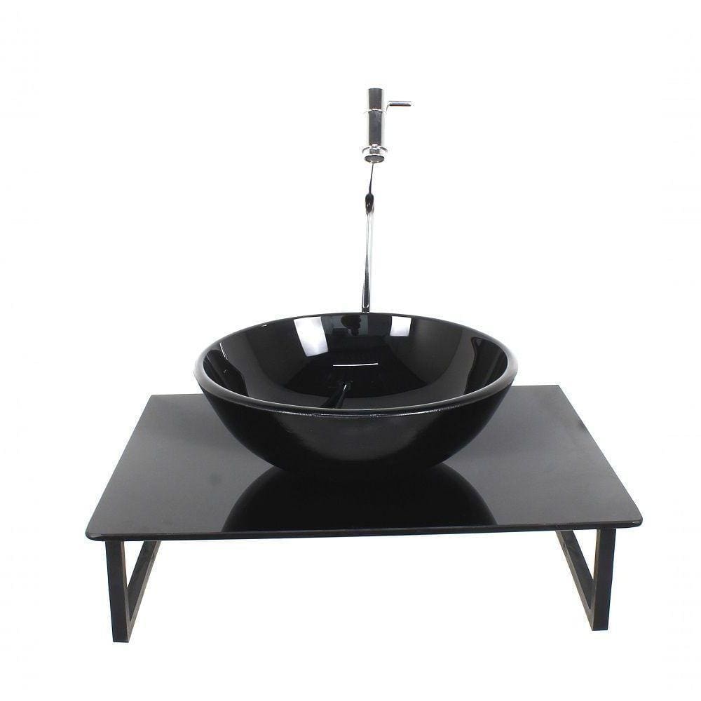 Kit Cuba De Vidro Redonda 10mm Com Tampo 50cm Preto Full E Suporte Preto