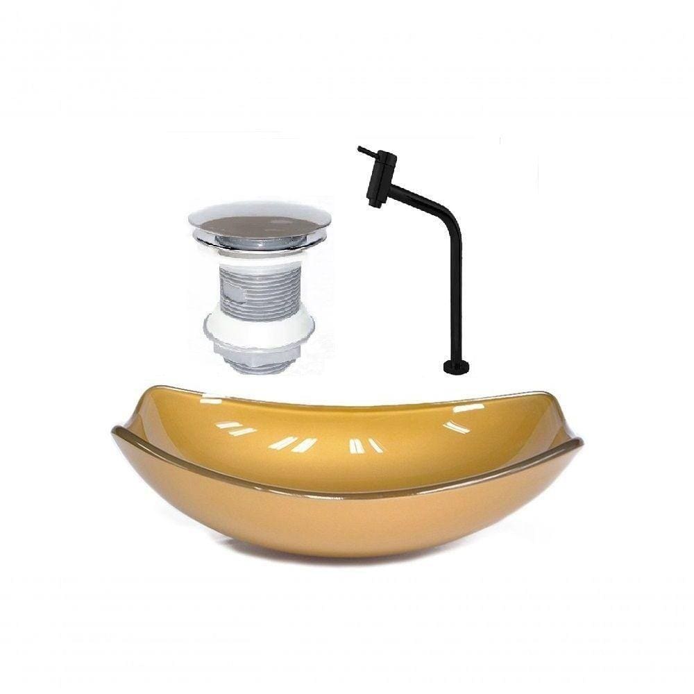 Cuba de Vidro Oval 51cm Dourado Real + Valvula + Torneira Preta
