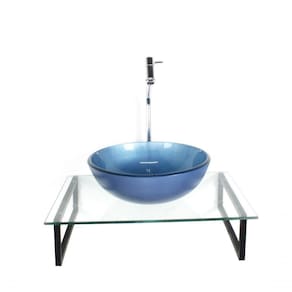 Kit Cuba De Vidro Redonda 10mm Azul Tampo 50cm Incolor Com Suporte Torneira Valvula