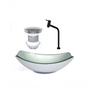 Cuba de Vidro Oval 46cm Prata + Valvula + Torneira Preta