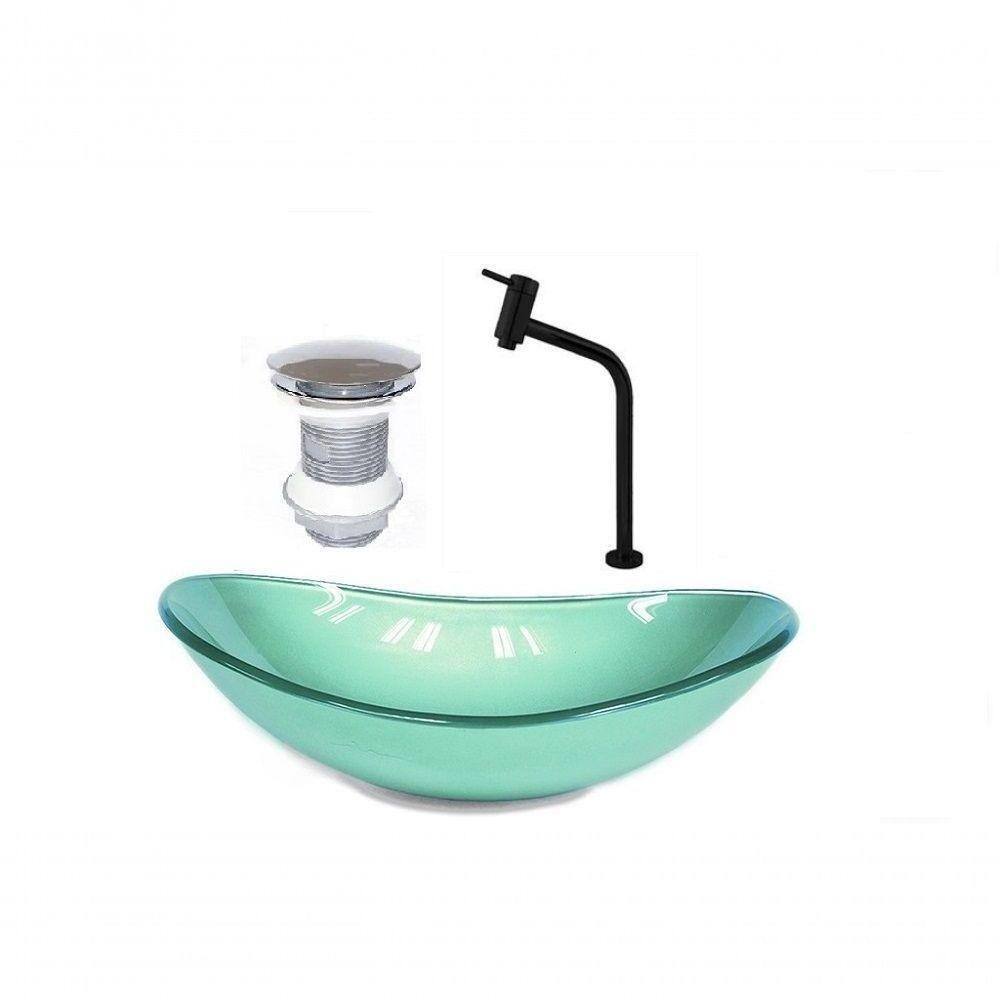 Cuba de Vidro Oval 55cm Verde + Valvula + Torneira Preta