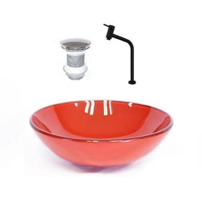 Cuba de Vidro 31cm Vermelho + Valvula + Torneira Preta