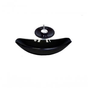 Cuba De Vidro Oval 46cm Preta + Valvula + Torneira Cascata
