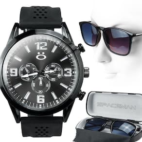 relogio aço preto masculino + case oculos sol proteçao uv ajustavel analogico presente casual social
