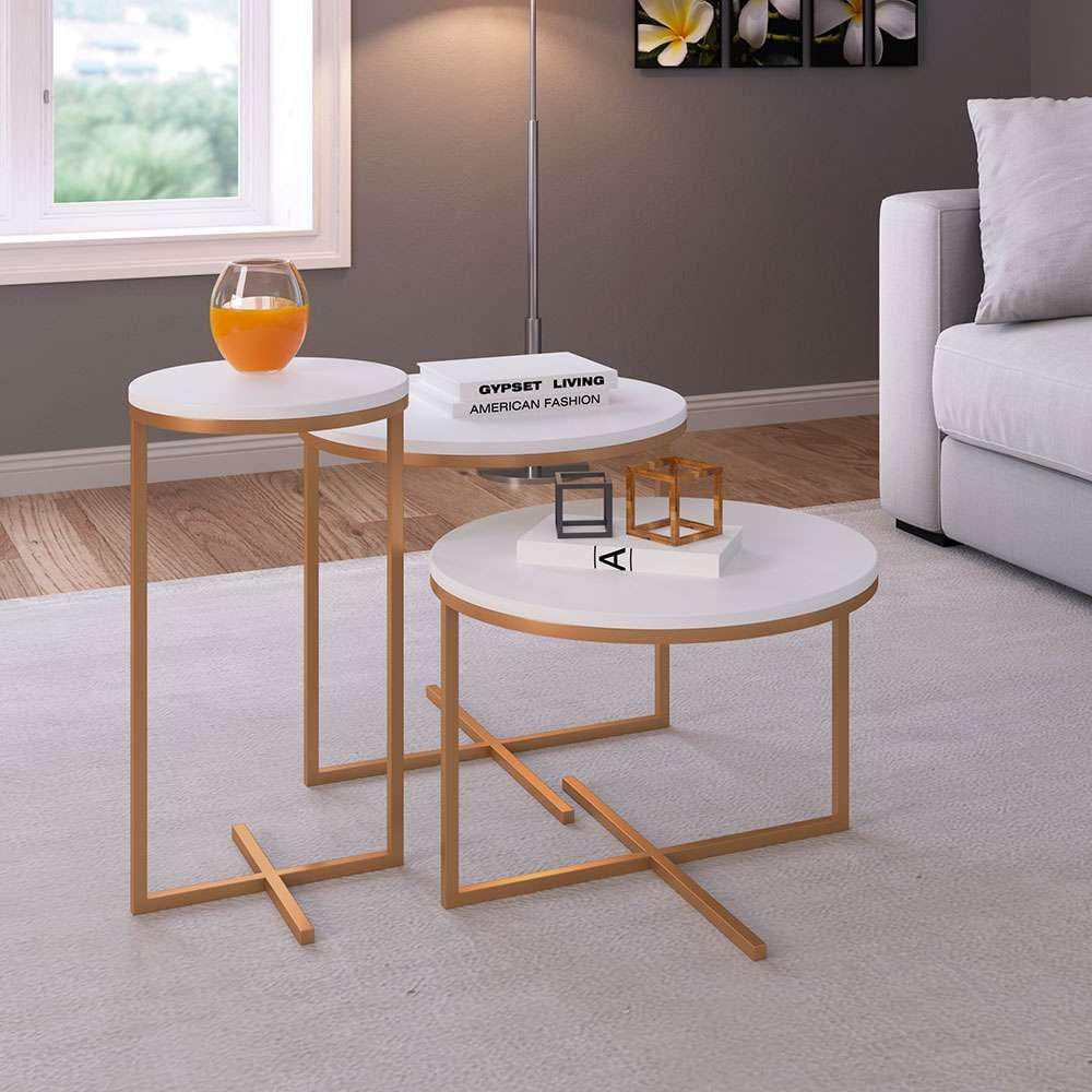 conjunto com 3 mesas redondas volpi branco e dourado