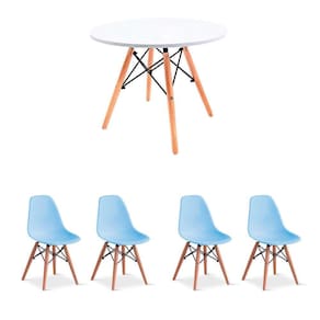 conjunto de mesa infantil well branca com 4 cadeiras eames azul