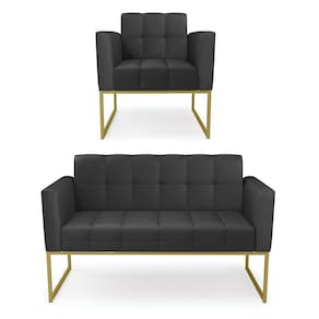 Kit 1 Sofá Namoradeira e 1 Poltrona Elisa Corino Base Metálica Industrial Dourado - D`Rossi
