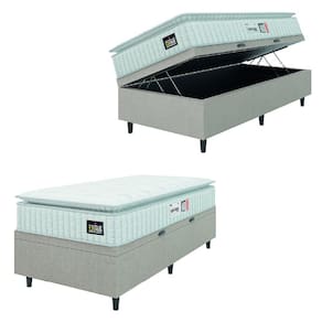Cama Box Baú Colchão Solteiro Espuma D33 Vangogh Pillow Top 88x188x70cm Branco / Bege Hellen - Suporta até 120kg por Pessoa
