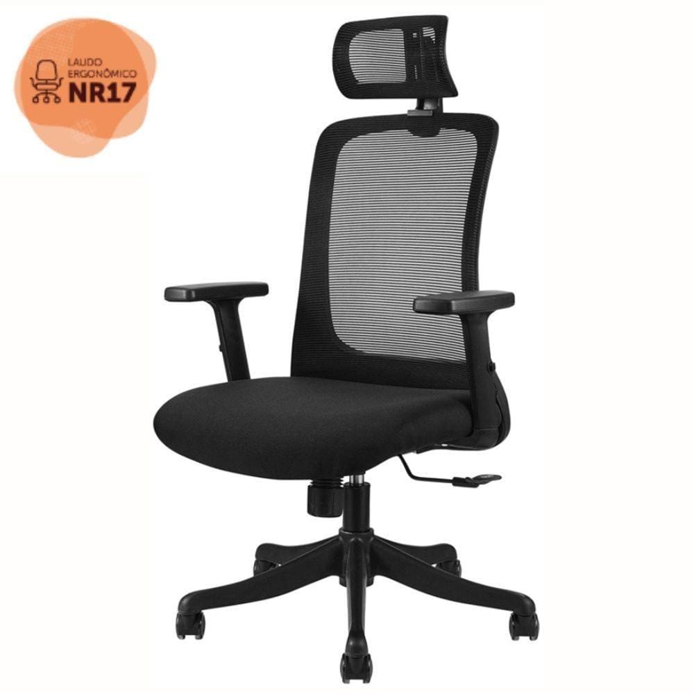 Cadeira Giratória Nr-17 Boston Rivattis C/ Encosto De Cabeça Tela Mesh Preta Base Rodizio Nylon