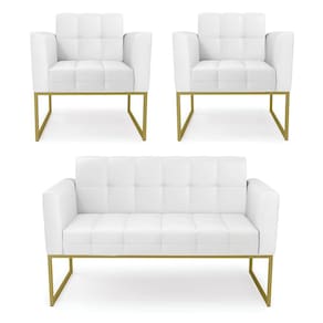 Kit 1 Sofá Namoradeira e 2 Poltronas Elisa Corino Branco Base Metálica Industrial Dourado - D`Rossi