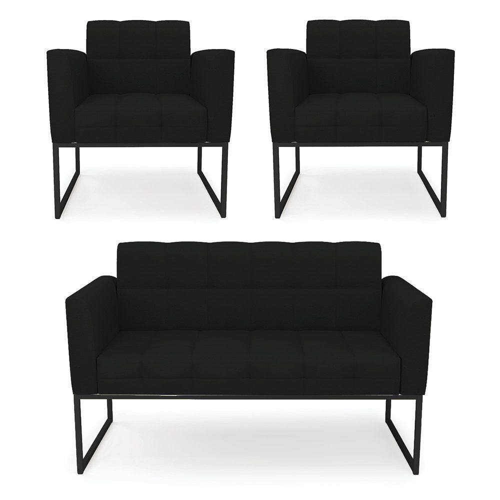 Kit 1 Sofá Namoradeira e 2 Poltronas Elisa Linho Base Metálica Industrial Preto - D`Rossi
