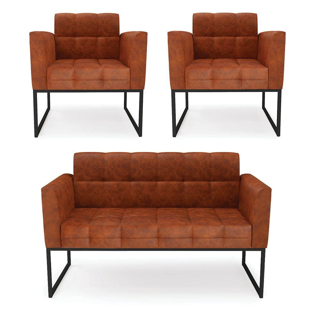 Kit 1 Sofá Namoradeira e 2 Poltronas Elisa Corano Base Metálica Industrial Preto - D`Rossi