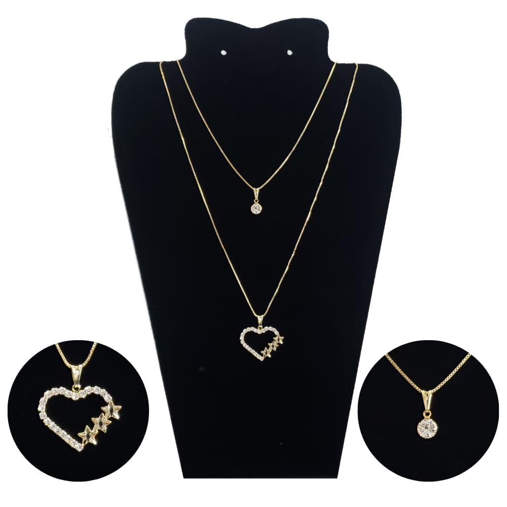 Colar Feminino Duplo Dourado Folheado a Ouro 18k 3 Corações